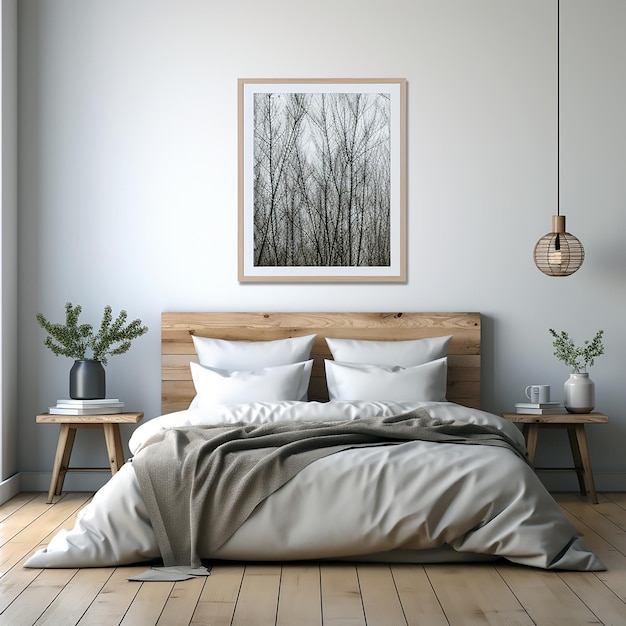 A picture hanging on a wall above a bed with a picture of a tree and a painting.