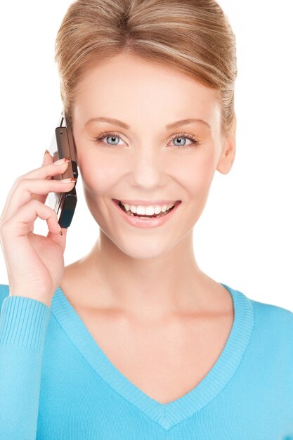 picture of happy businesswoman with phone over white