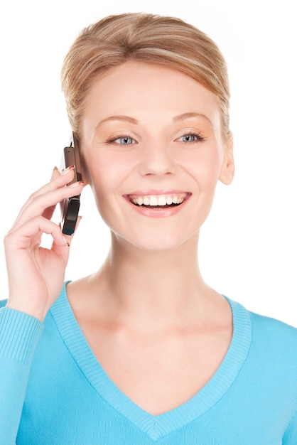 picture of happy businesswoman with phone over white