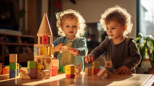 картина счастливых детей, веселящихся с яркими деревянными кубиками Генеративный искусственный интеллект
