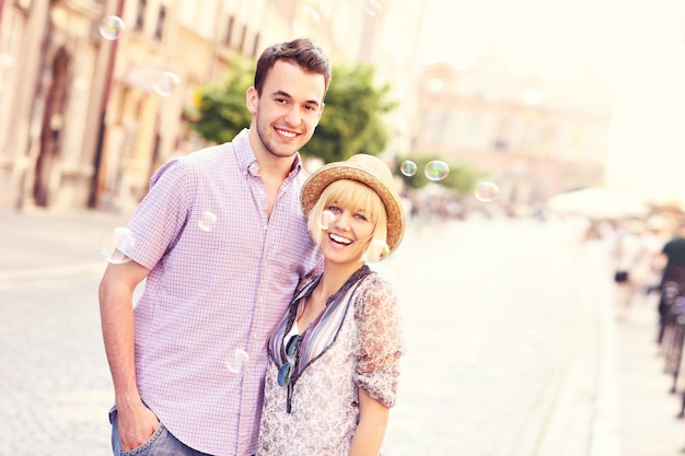 A picture of happy tourists in the Old Town of Gdansk in Poland