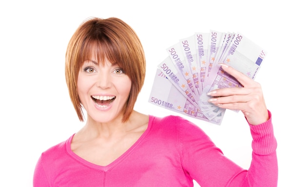 картина счастливой женщины с деньгами над белой