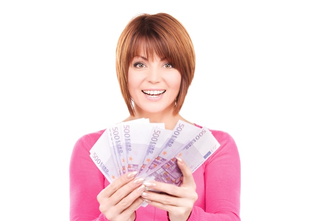 picture of happy woman with money over white