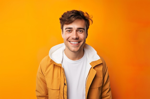 Picture of happy young male in yellow jacket High quality photo