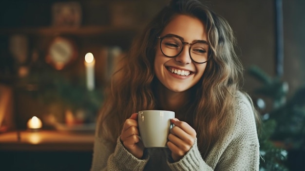 Photo a picture of a happy young woman drinking coffee at home attractive girl enjoying hot tea while grinning in the winter ai generation