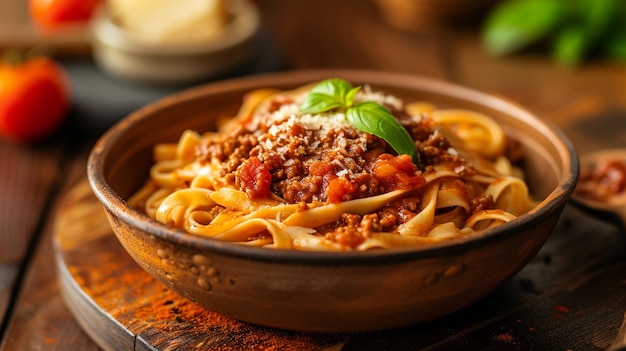 Foto immaginate una ricca porzione di ragu alla bolognese su pasta al dente in un piatto di terracotta rustico la ricca salsa carnosa vibrante con pomodori