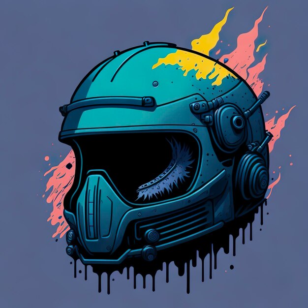 A picture of a helmet with a blue background and a purple background.