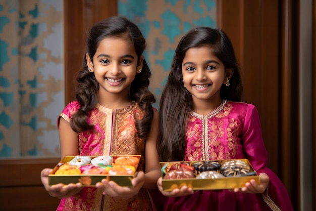 A picture of a Hindu brother and sister in traditional Indian clothes holding Indian sweets and a gift box on the day of the Raksha Bandhan festival