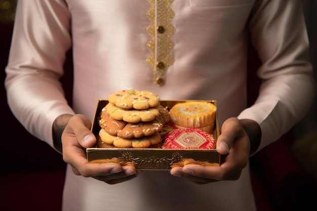 A picture of a Hindu brother and sister in traditional Indian clothes holding Indian sweets and a gift box on the day of the Raksha Bandhan festival