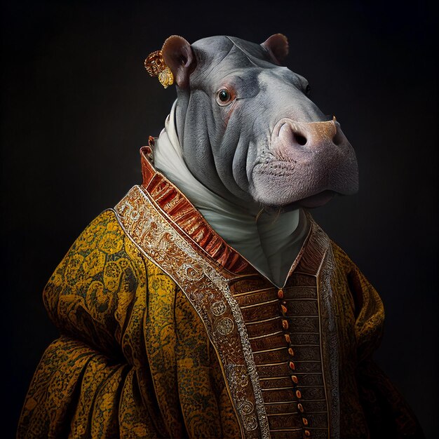 A picture of a hippo wearing a dress and a jacket.