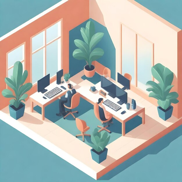 a picture of a home office with a laptop and a plant in the corner