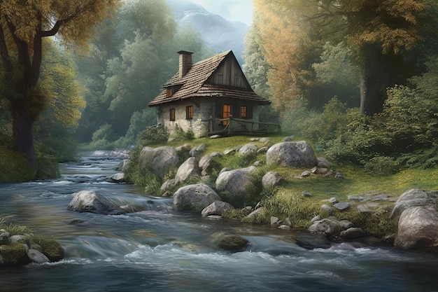 a picture of a home situated next to a creek