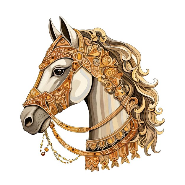 Photo a picture of a horse wearing brown and gold tiara in the style of cut and paste