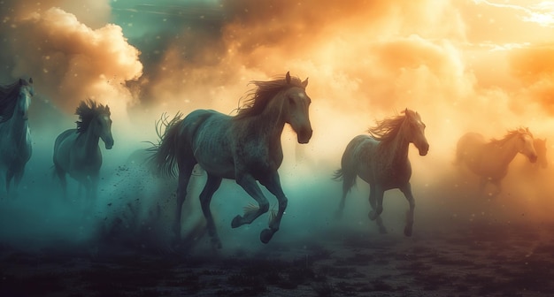 a picture of horses running in the sunset