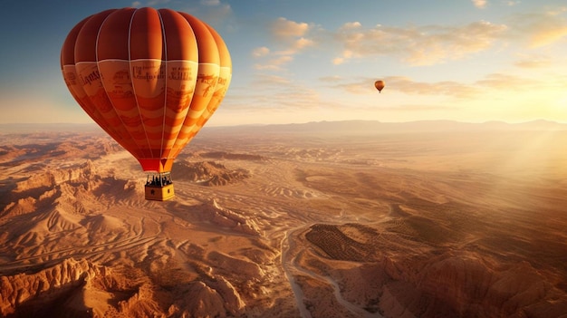 a picture of a hot air balloon flying over a desert landscape.