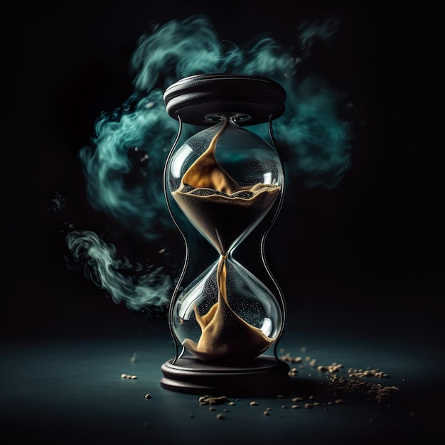 A picture of a hourglass with a dark background that says time is 2 25