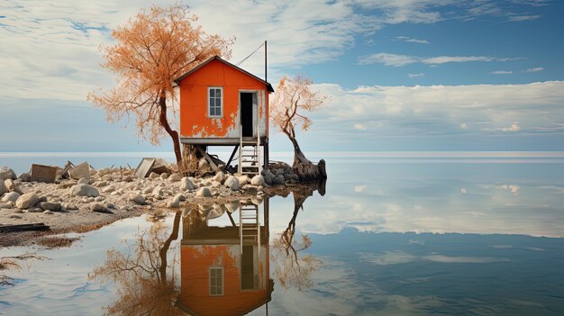 Photo a picture of a house on a rock with a ladder on the side of it