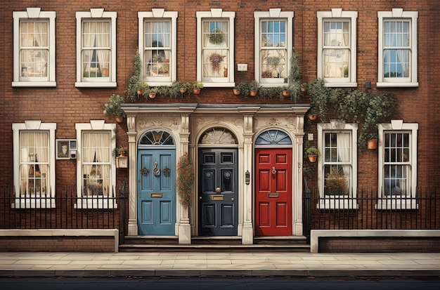 a picture of a house with a blue door and windows