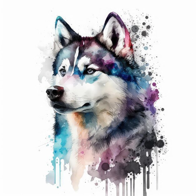 Picture of a husky with blue eyes painted in watercolor on a white background Lovely pets high resolution illustrations art AI