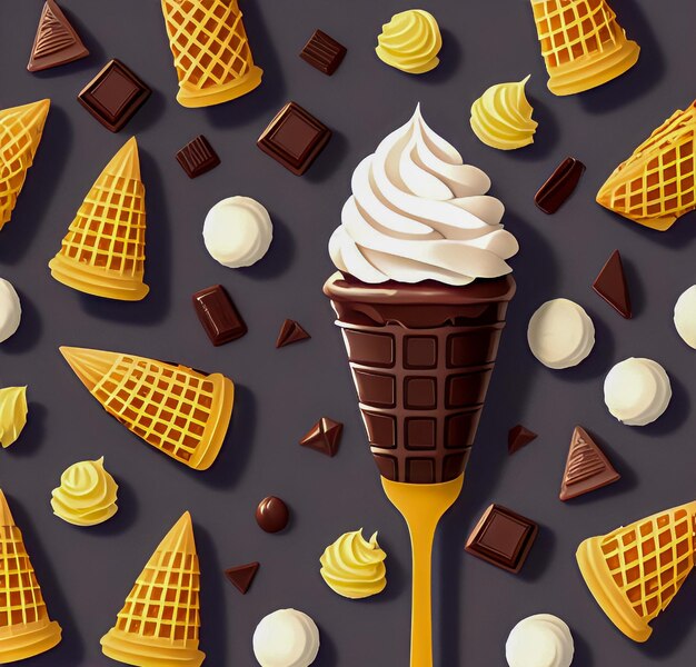 A picture of ice cream with a yellow spoon and chocolate pieces on the top.