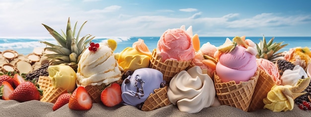 A picture of ice creams on the beach