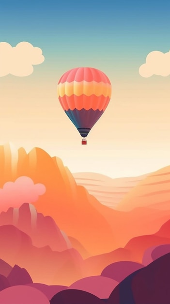 A picture illustration of a hot air balloon flying over a mountain range generative ai