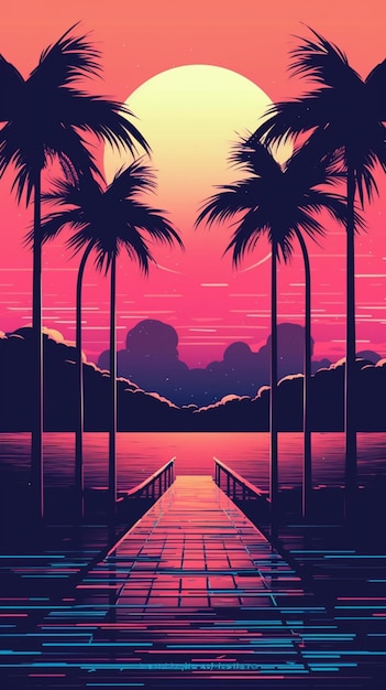 A picture illustration of a sunset with palm trees and a pier generative ai