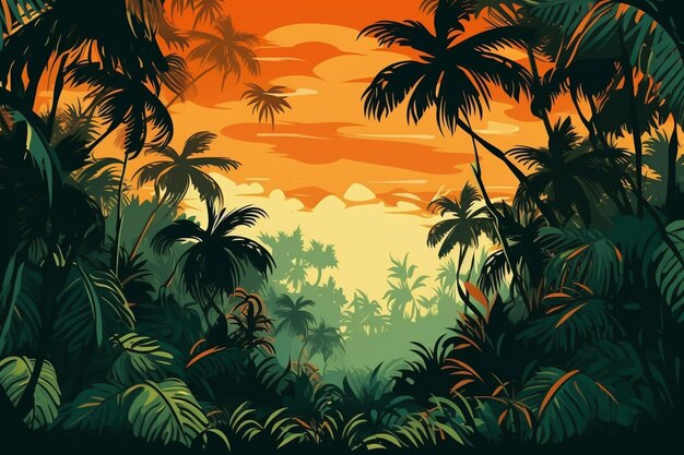 A picture illustration of a tropical jungle scene with palm trees generative ai