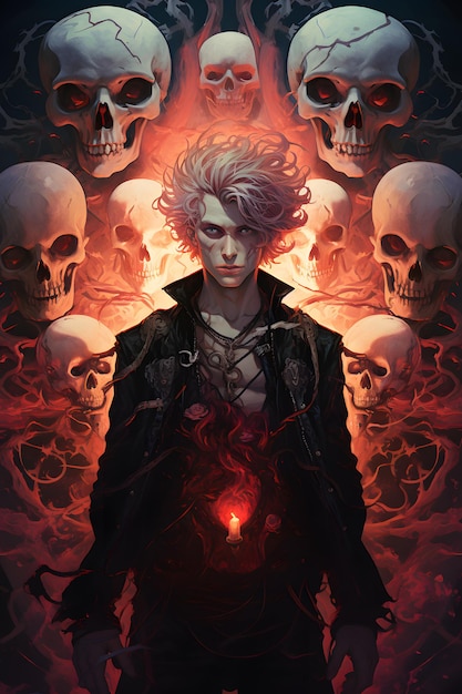 A picture of an image of a man standing with two skulls in frame in the style of anime art dark an