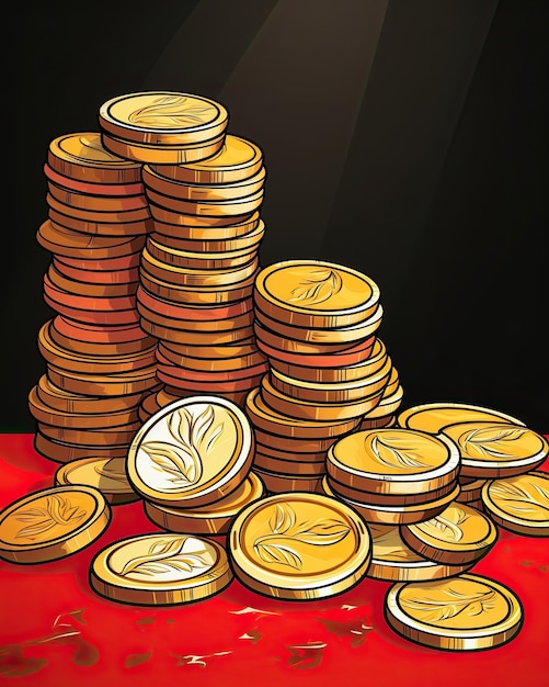 The picture is a close up of many coins on a red background Generative AI