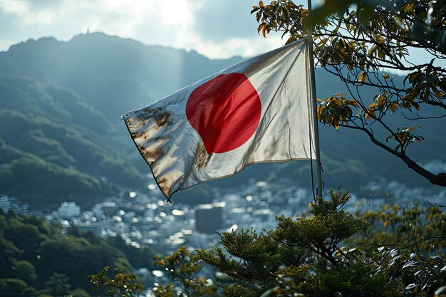 Photo the picture of japanese flag with red sun on white background