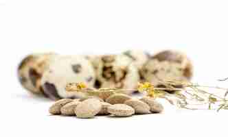 Photo picture of a japanese quail eggs and herbal pills