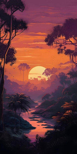 A picture of a jungle sunset over a river in orange and red colors AI generation