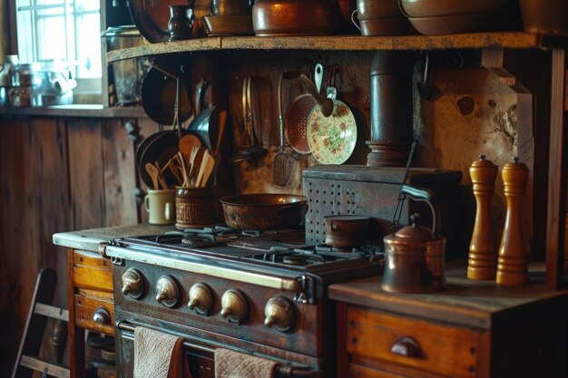 Photo a picture of a kitchen with various pots and pans placed on the stove