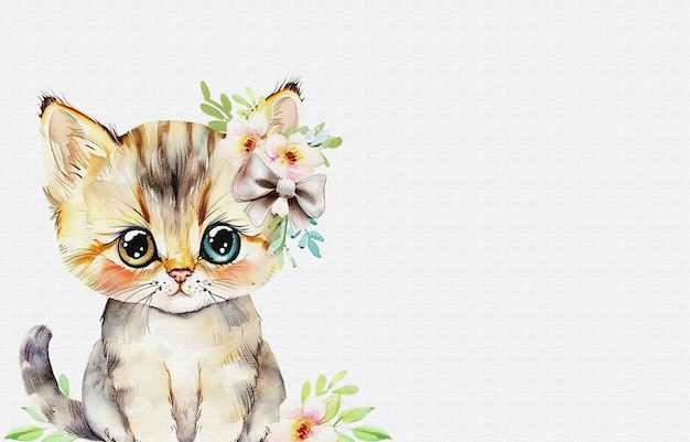 꽃이 달린 새끼 고양이의 그림