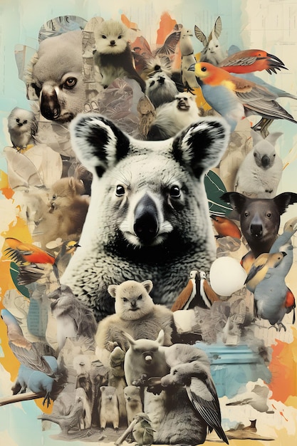 a picture of a koala with many other animals in it