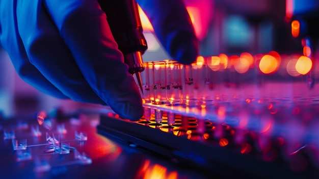 Photo a picture of a lab technician using a laser to precisely deposit nanoscale gold particles onto a