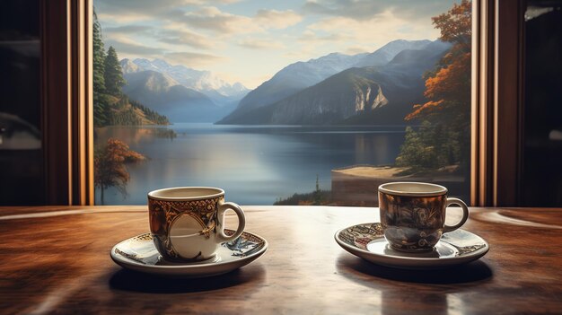 Photo a picture of a lake and mountains alongside two coffee cups resting on a table in front of a window generative ai