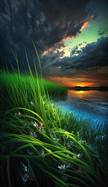 A picture of a lake with a cloudy sky and a green grass and flowers