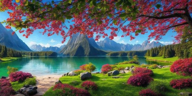 A picture of a lake with flowers and mountains in the background