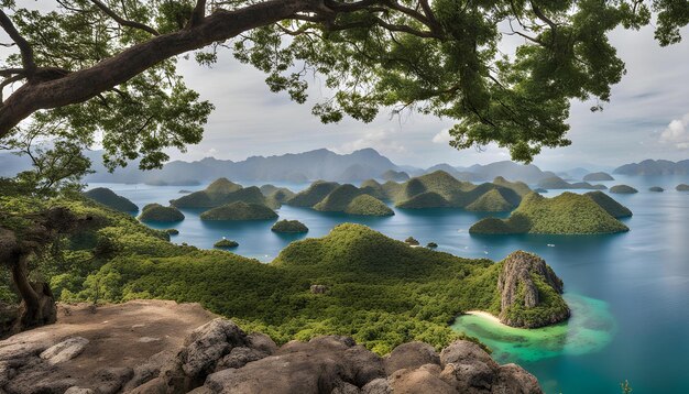 a picture of a lake with a green body of water and mountains in the background