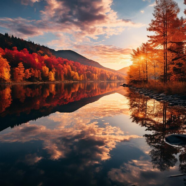 a picture of a lake with a mountain and trees in the background