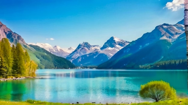 a picture of a lake with mountains in the background