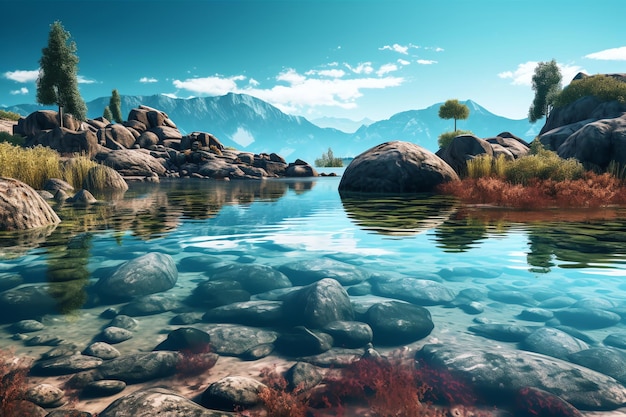 A picture of a lake with mountains and trees