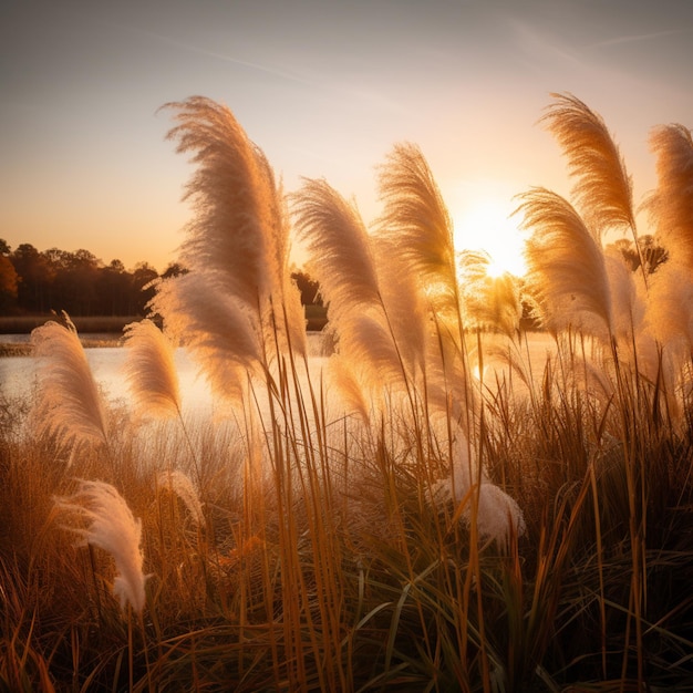 A picture of a lake with tall grass that has the sun setting behind it.