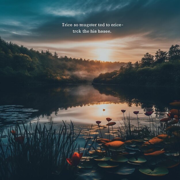 A picture of a lake with water lilies and the sun rising behind it