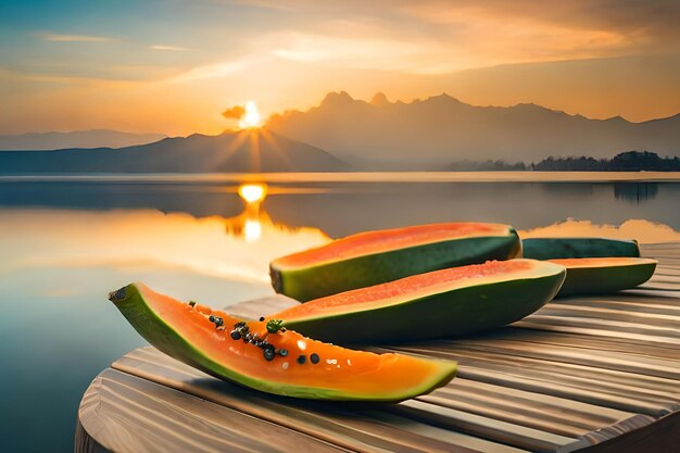 A picture of a lake with a watermelon on it