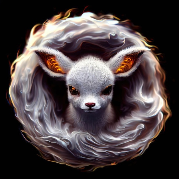 A picture of a lamb with a black background and the word fire on it.