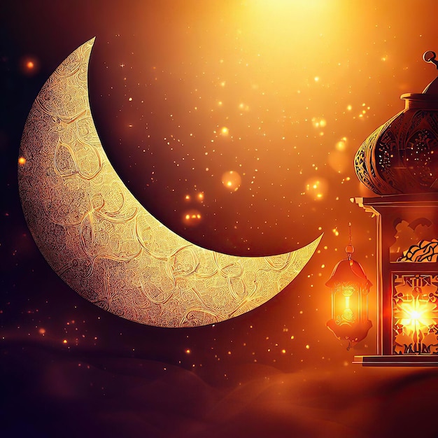 eid al-adha라는 단어가 있는 랜턴과 달의 그림.