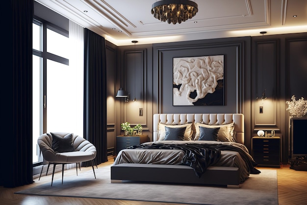 На фото большая спальня с элегантной современной мебелью